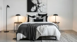 Black and white bedroom with modern elegant decor and cozy lighting
