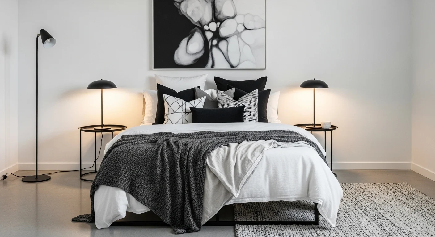 Black and white bedroom with modern elegant decor and cozy lighting