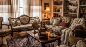 Vintage living room with antique furniture, warm tones, and cozy timeless decor