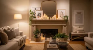 Stylish fireplace mantle decor with mirror, candles, and plants in living room