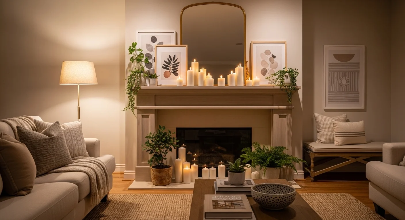 Stylish fireplace mantle decor with mirror, candles, and plants in living room