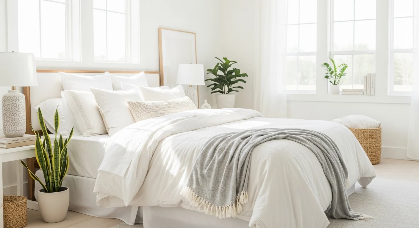 White bedroom with cozy textures and natural light creating a clean and calm space