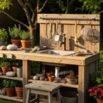 Outdoor mud kitchen for kids with wooden setup, sink, and creative play design