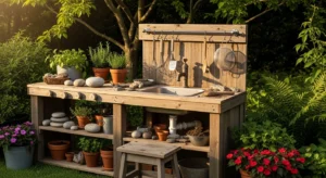Outdoor mud kitchen for kids with wooden setup, sink, and creative play design