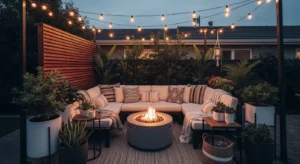 Cozy backyard with seating area, string lights, and modern outdoor design