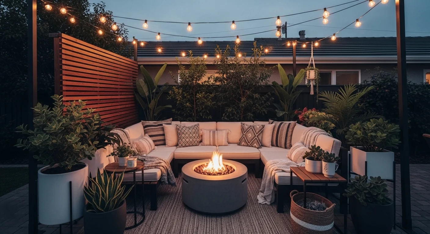 Cozy backyard with seating area, string lights, and modern outdoor design