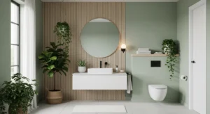 Modern green bathroom with fresh decor, plants, and calming spa-like design