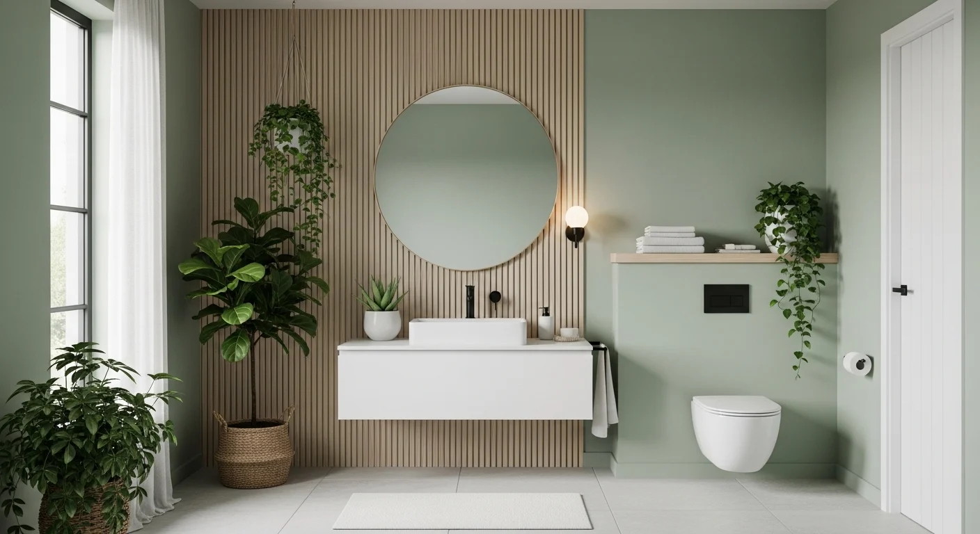Modern green bathroom with fresh decor, plants, and calming spa-like design