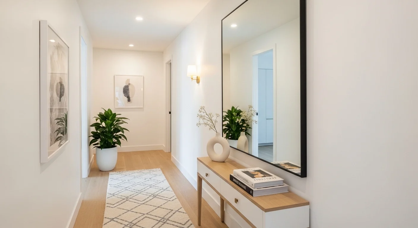 Bright narrow hallway with mirror and light decor to make space look bigger