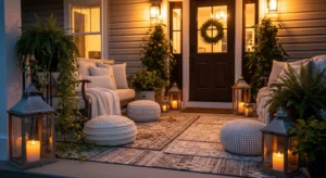 Cozy front porch with seating, plants, and warm lighting creating an inviting entrance