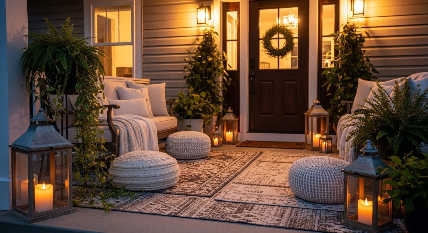 Cozy front porch with seating, plants, and warm lighting creating an inviting entrance
