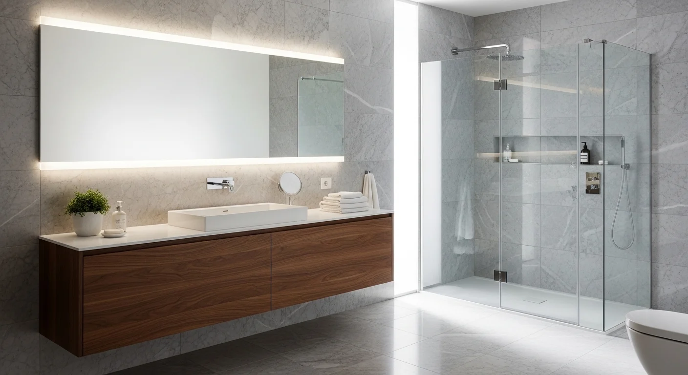 Modern grey bathroom with clean design, marble accents, and minimal decor