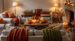 Cozy fall decor living room with pumpkins, blankets, and warm lighting
