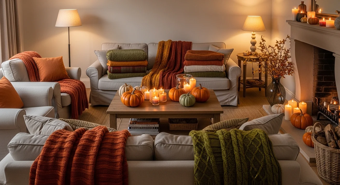 Cozy fall decor living room with pumpkins, blankets, and warm lighting