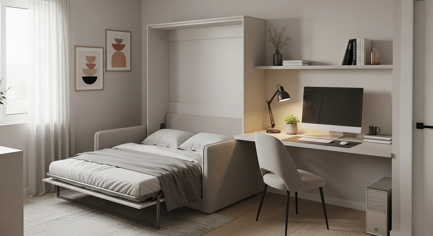 Guest room office combo with multifunctional furniture and modern cozy design
