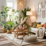 Cozy boho living room with plants, rugs, and warm decor