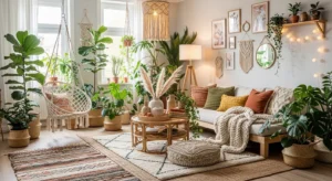 Cozy boho living room with plants, rugs, and warm decor