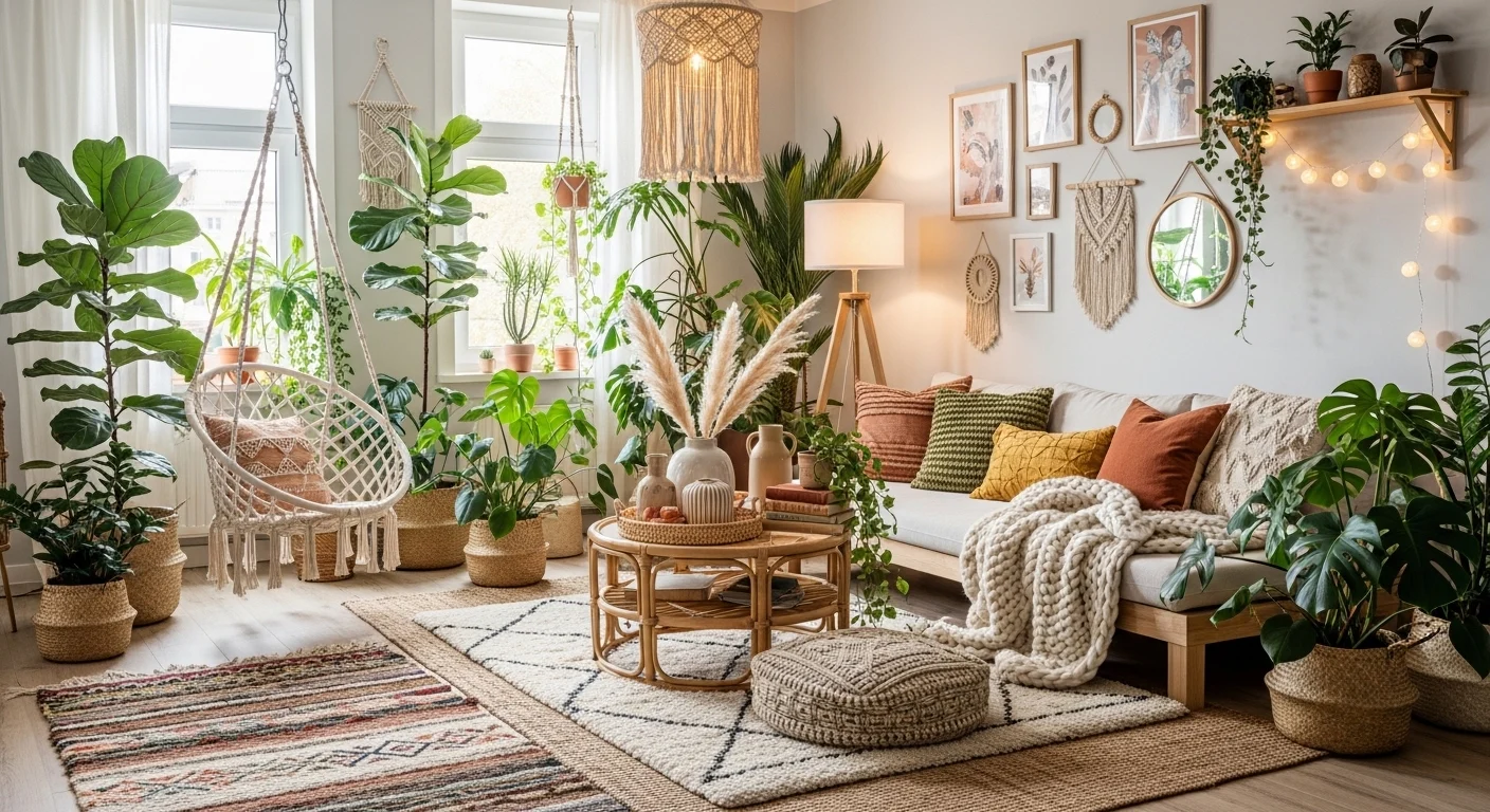 Cozy boho living room with plants, rugs, and warm decor
