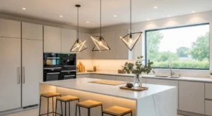 Modern kitchen island with seating, storage, and stylish lighting design