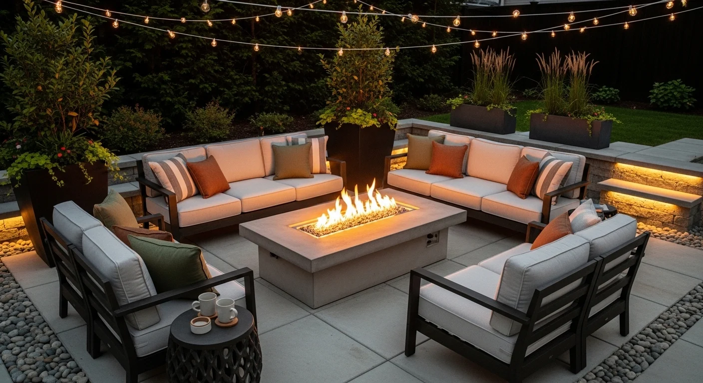 Cozy backyard fire pit with seating and warm lighting for relaxing nights