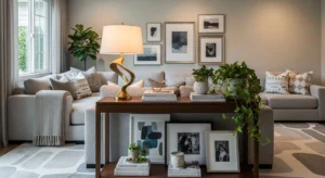 Behind sofa table decorated with modern home decor items in a stylish living room