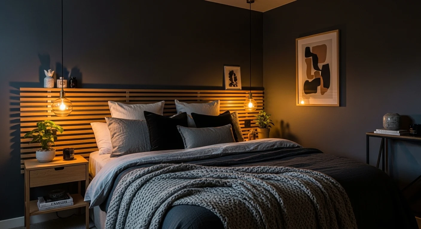 Dark bedroom with warm lighting and cozy textures creating a moody and inviting space