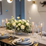 Elegant dining table decor with centerpiece, candles, and stylish table setting