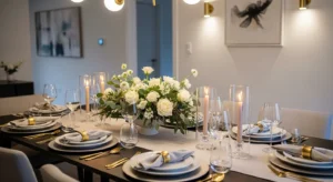 Elegant dining table decor with centerpiece, candles, and stylish table setting