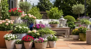 Outdoor garden with stylish flower pots arranged in different sizes and designs