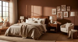 Cozy brown bedroom with warm tones, layered textures, and soft lighting
