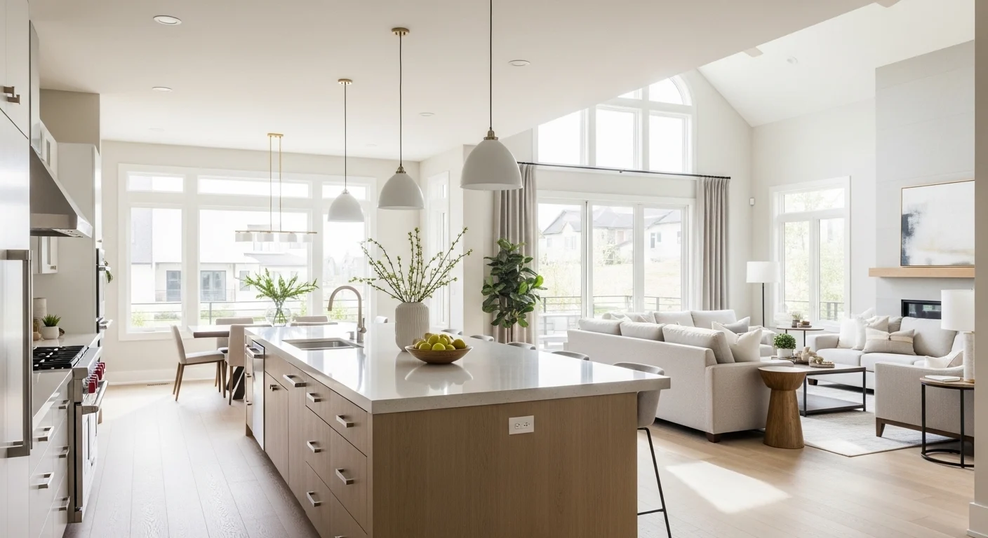 Open kitchen with island and natural light creating a spacious and airy feel