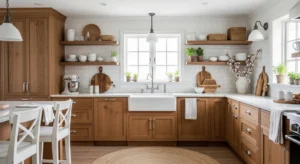 Farmhouse kitchen with wood accents, white cabinets, and cozy rustic decor