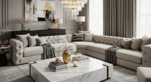 Luxury living room with elegant sofa, marble table, and modern decor