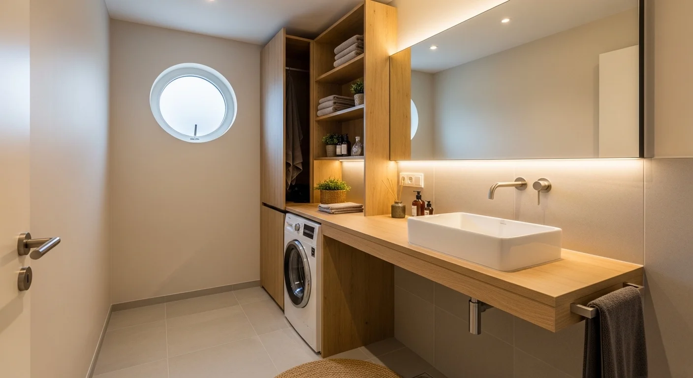 Modern bathroom with washing machine setup designed for compact space and organization