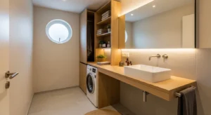 Modern bathroom with washing machine setup designed for compact space and organization