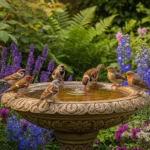 Bird bath in garden surrounded by flowers and birds creating a peaceful outdoor space