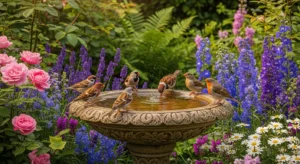 Bird bath in garden surrounded by flowers and birds creating a peaceful outdoor space