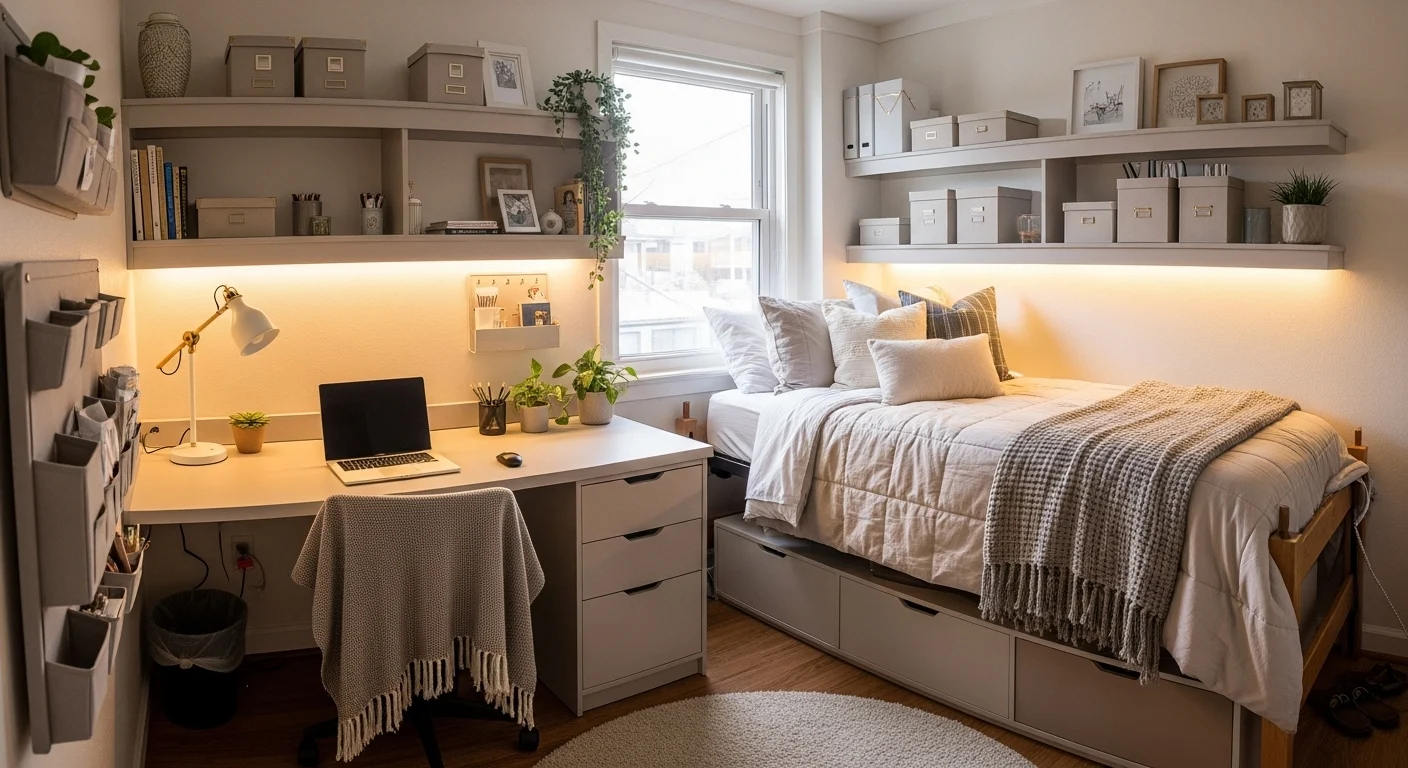 Stylish dorm room with cozy decor, smart storage, and modern small space design