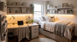 Stylish dorm room with cozy decor, smart storage, and modern small space design