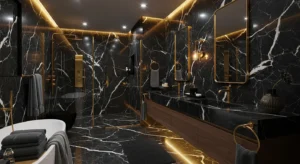Luxury dark bathroom with black marble, gold accents, and warm lighting