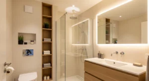 Small bathroom with space-saving design, floating vanity, and modern clean layout