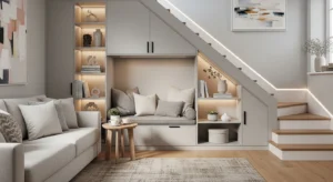 Living room under stairs ideas with smart storage and cozy modern design