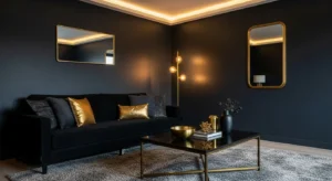 Black living room design with bold decor, warm lighting, and modern luxury style