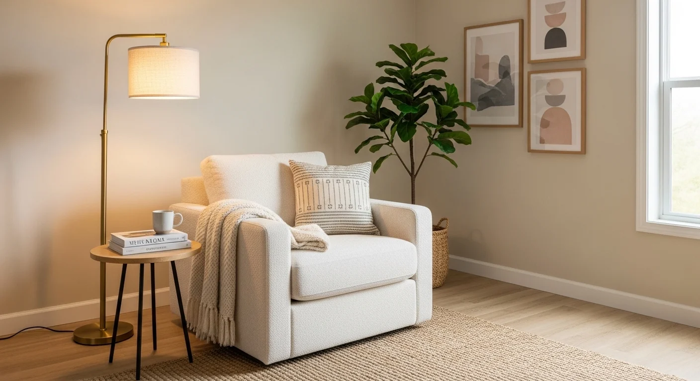 Stylish living room corner with chair, lamp, and plants