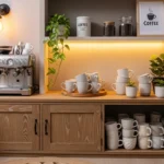 Cozy home coffee bar with shelves, mugs, and warm inviting decor