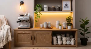Cozy home coffee bar with shelves, mugs, and warm inviting decor