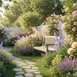 Cottage garden backyard with flowers, winding path, and romantic storybook design