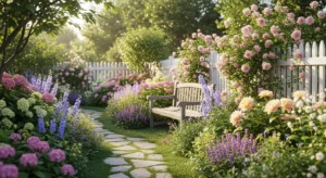 Cottage garden backyard with flowers, winding path, and romantic storybook design