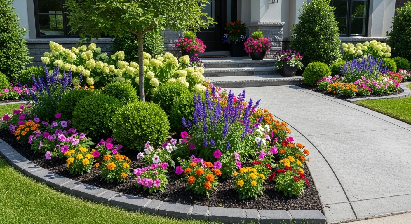 Front house flower beds with colorful plants and clean landscaping design boosting curb appeal