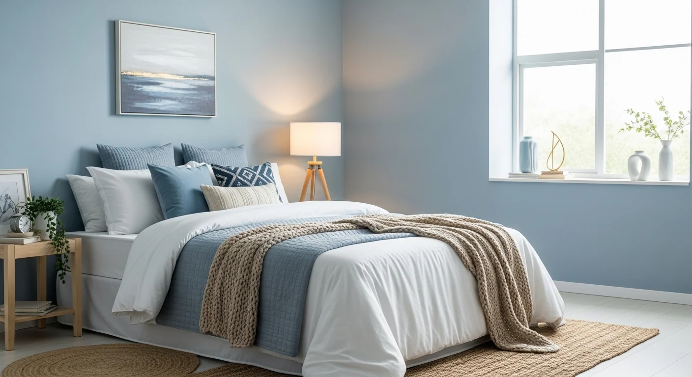 Blue bedroom with soft tones and cozy decor creating a calm and peaceful atmosphere